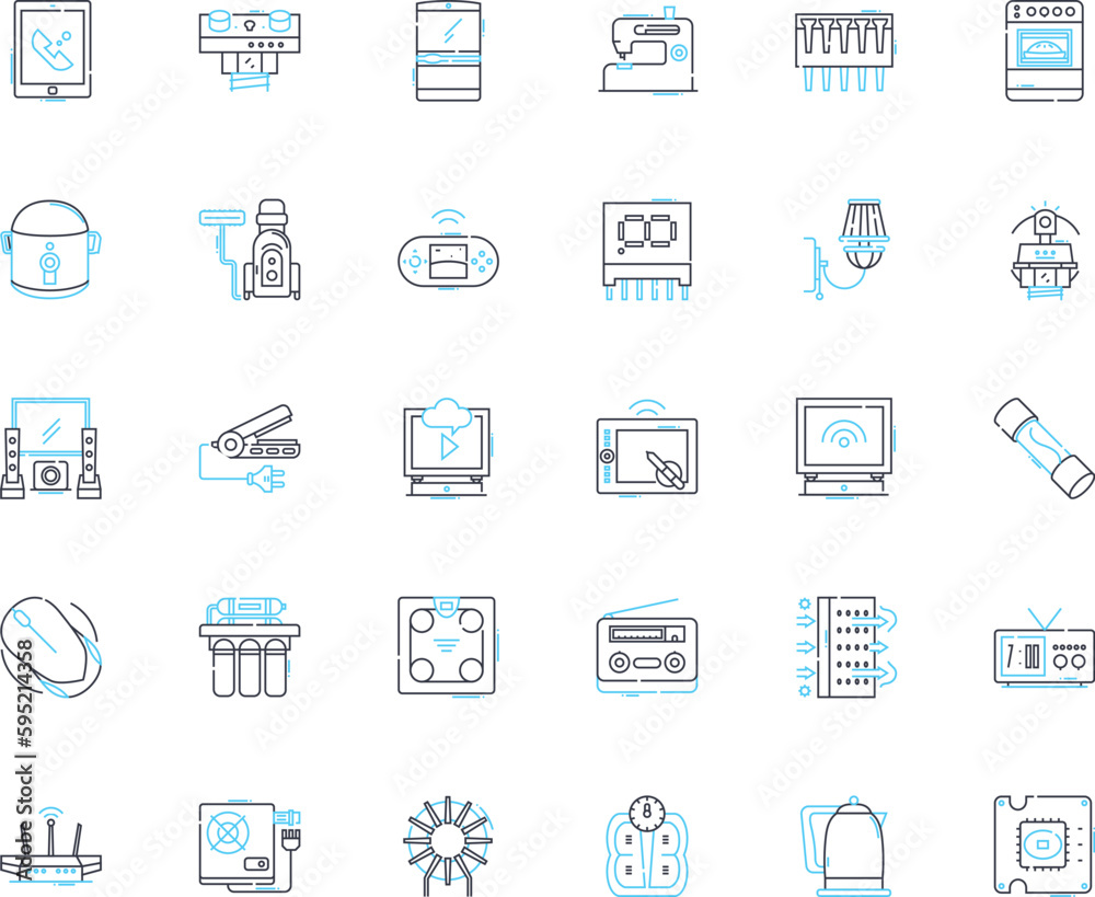 Electric machinery linear icons set. Battery, Windings, Generators, Transformers, Motors, Commutator, Regulator line vector and concept signs. Rectifier,Rotor,Stator outline illustrations