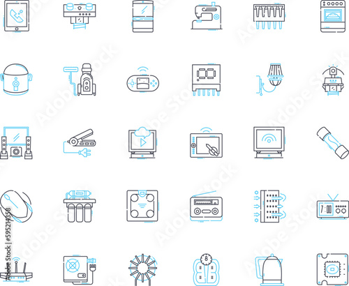 Electric machinery linear icons set. Battery, Windings, Generators, Transformers, Motors, Commutator, Regulator line vector and concept signs. Rectifier,Rotor,Stator outline illustrations