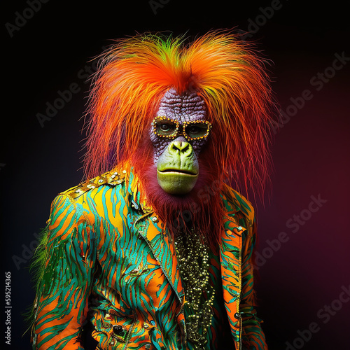 Realistic lifelike orangutan in fluorescent electric highlighters ultra-bright neon outfits, commercial, editorial advertisement, surreal surrealism. 80s Era comeback. 
