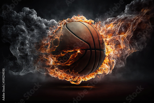AI generated flying burning basketball in fire at black background