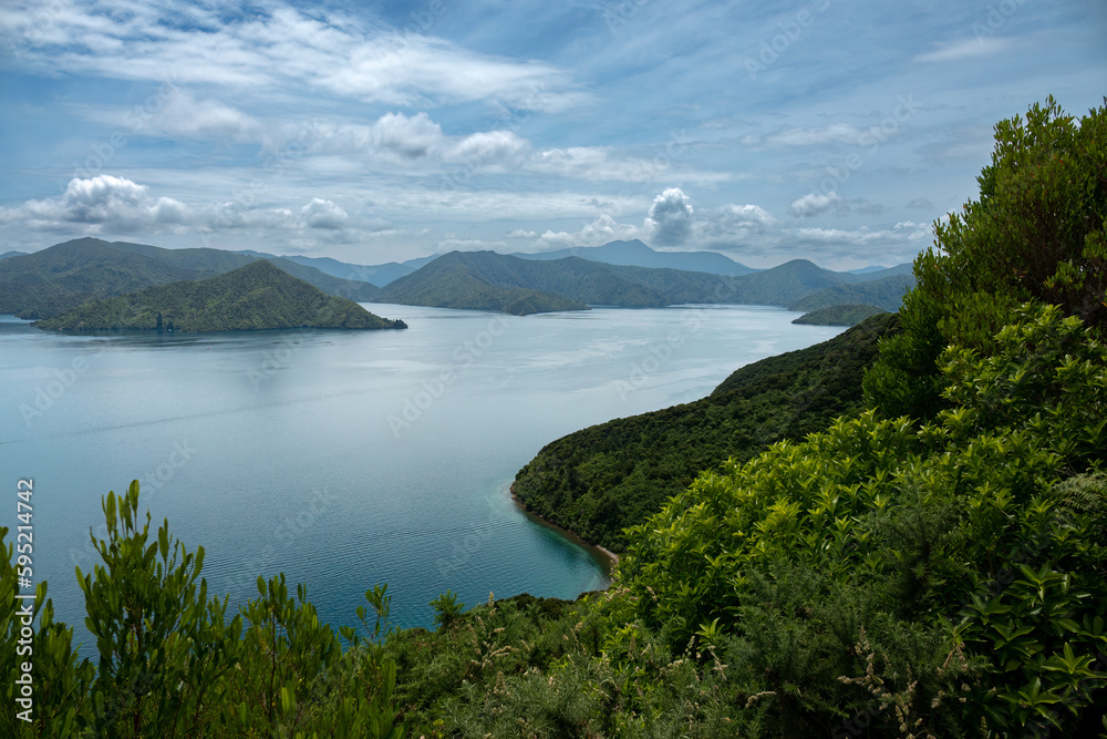 Gorgeous landscapes along the Queen Charlotte Sound (Totaranui), the easternmost of the Marlborough sounds, in New Zealand's South Island.