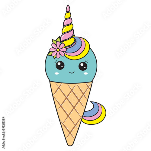 Unicorn ice cream kawaii dessert in a waffle cup, color vector illustration in cartoon style
