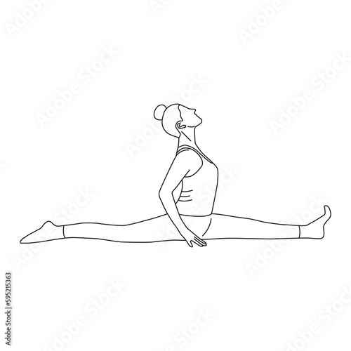 Line art of woman doing yoga in front splits pose vector.