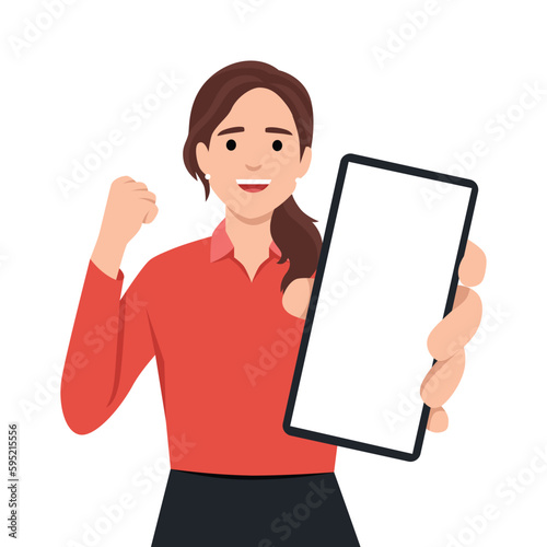 Woman showing at blank screen mobile phone and hand gesture success for win money reward