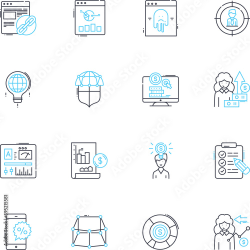 Budget forecasting linear icons set. Projections, Estimates, Forecasts, Planning, Budgeting, Analytics, Metrics line vector and concept signs. Costing,Revenue,Analysis outline illustrations