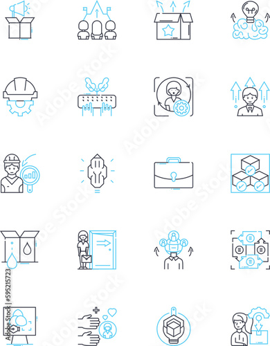 Project coordination linear icons set. Planning, Organization, Collaboration, Communication, Leadership, Logistics, Management line vector and concept signs. Execution,Oversight,Prioritization outline