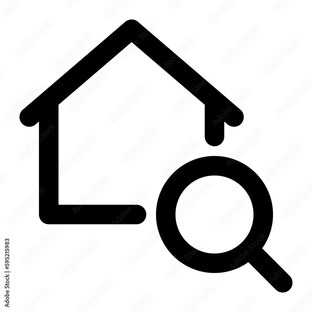Home with search symbol in outline icon. Magnifying glass, find, zoom, real estate, house Home with search symbol in outline icon. Magnifying glass, find, zoom, real estate, house