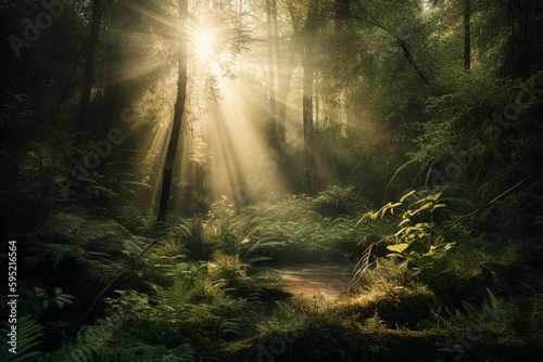 Sun rays shining in a verdant forest. Generative AI