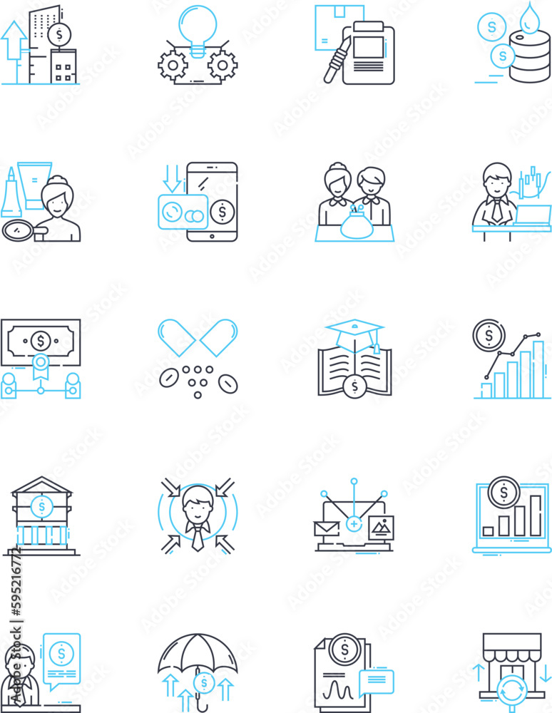 Capital allocation linear icons set. Efficiency, Budgeting, Analysis, Optimization, Strategy, Forecasting, Prioritization line vector and concept signs. Management,Decision-making,Investment outline