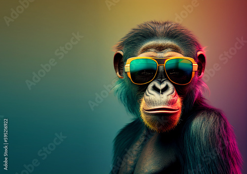 Creative animal concept. Ape in sunglass shade glasses isolated on solid pastel background  commercial  editorial advertisement  surreal surrealism. 