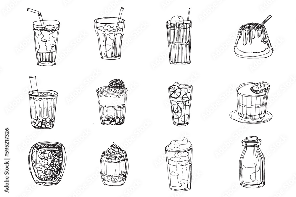 collection-of-beverage-outline-drawing-isolated-on-white-background