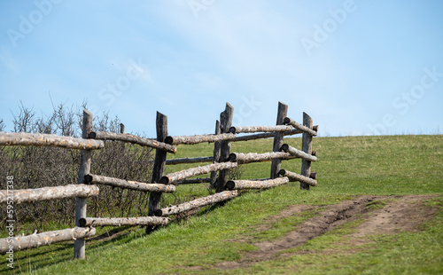 Fototapeta Naklejka Na Ścianę i Meble -  log fence along a green field against the sky