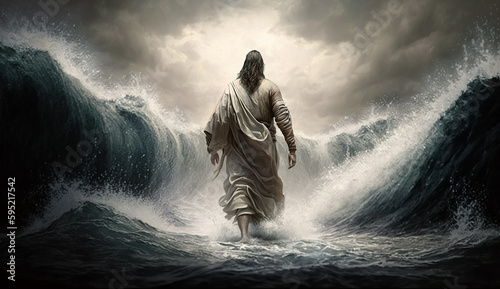 Christian God Jesus Christ walks on water on sea. Biblical religious symbol of faith. Generative AI illustration