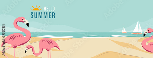 Summer beach vector banner background with pink Flamingo birds