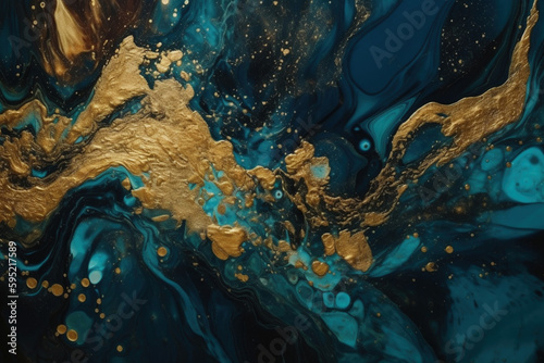 Błękit morski i złoto - tapeta, tekstura - Sea blue and gold - wallpaper, texture - AI Generated photo