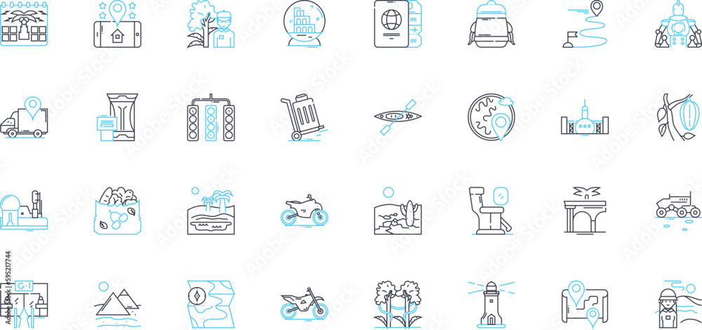 Airfield linear icons set. Runway, Hangar, Aircraft, Aerodrome ...