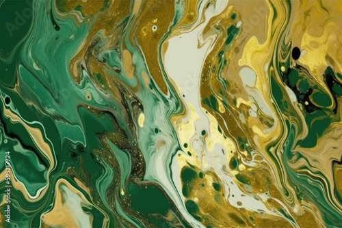 Płynne złoto i zieleń tekstura - luksusowe tło - fluid gold and green texture - luxury background - AI Generated
