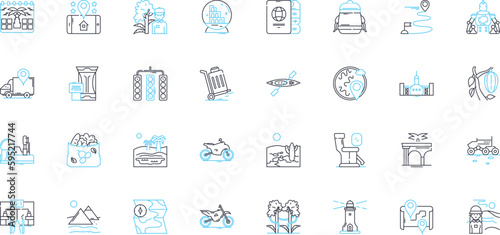 Airfield linear icons set. Runway, Hangar, Aircraft, Aerodrome, Aviation, Landing, Taxiway line vector and concept signs. Control tower,Pilot,Jet outline illustrations