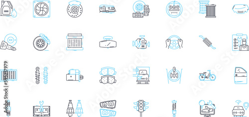 Transportation solutions linear icons set. Commute, Mobility, Logistics, Carpooling, Transit, Routing, Delivery line vector and concept signs. Freight,Transport,Shuttle outline illustrations