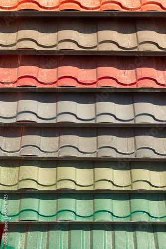 Samples of the colorful roof metal for home building.