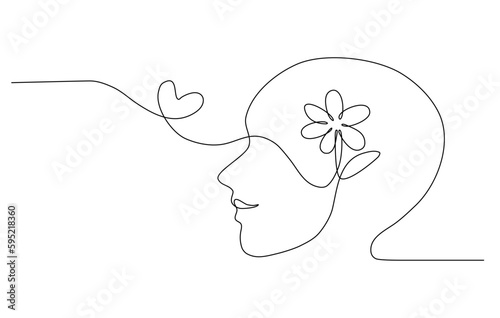 Continuous line art of a person with a flower inside human head and heart symbol, lineart vector illustration.