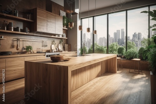 Wooden-floor kitchen with a view  sink  counter  stools  and plant. Generative AI