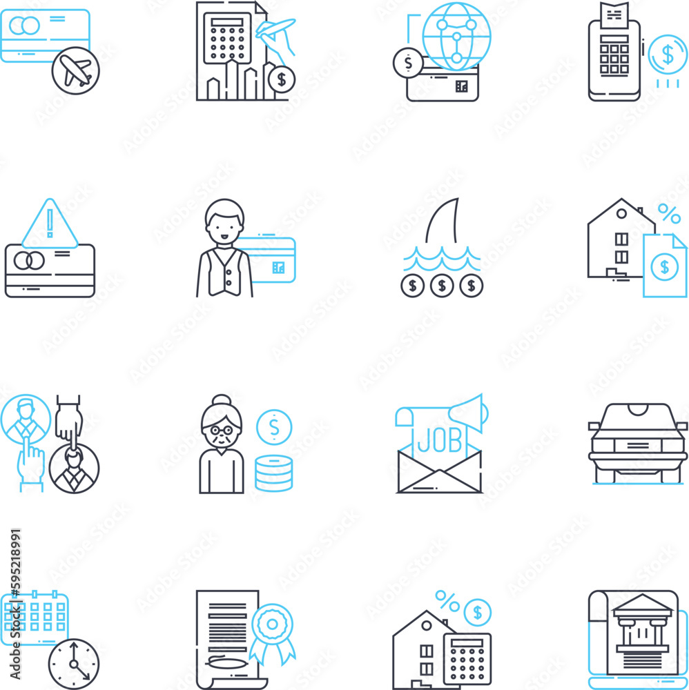 Cash inflows linear icons set. Revenue, Income, Assets, Profits, Earnings, Capital, Returns line vector and concept signs. Sales,Receipts,Gains outline illustrations