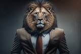 Lion boss portrait. Concepts of power, business motivation and corporate leadership. Generative ai illustration