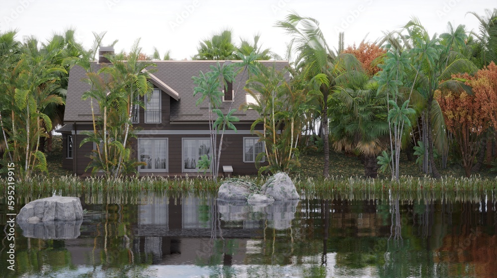 Fototapeta premium house in the jungle on the river bank, 3D illustration, cg render