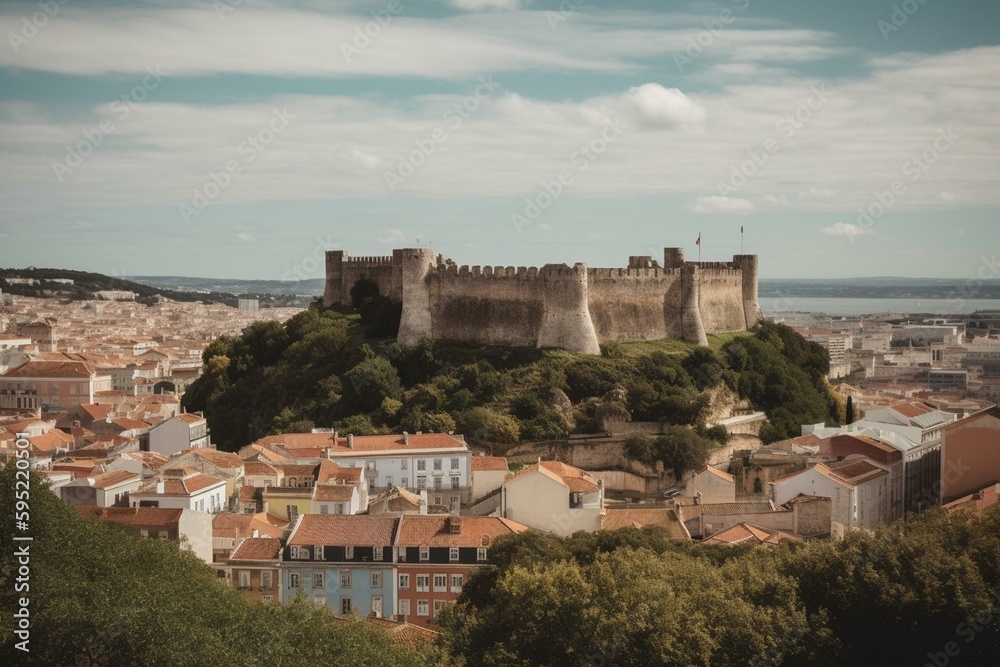 View of Lisbon with Sao Jorge Castle in background. Generative AI