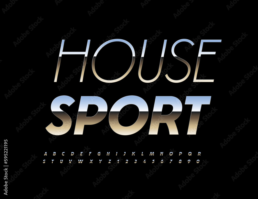 Vector chrome logo House Sport. Bold Metallic Font. Artistic Alphabet Letters and Numbers set