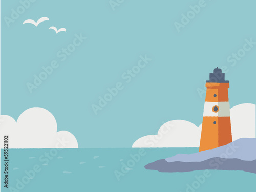 夏の海と青空＿灯台と入道雲のある風景＿手描き風ベクターイラスト