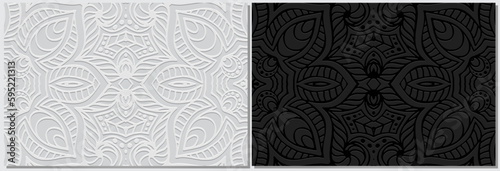 Black and white banners, cover design set, exotic vector templates. Geometric volumetric fantasy ethnic 3D pattern, boho. Oriental, Indonesian, Mexican, Aztec style.