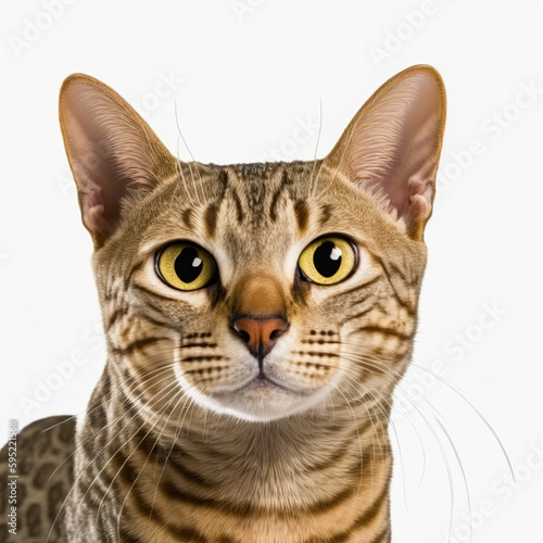 Adorable ocicat cat portrait looking at camera on white isolated background as concept of domestic pet in ravishing hyper realistic detail by Generative AI. photo