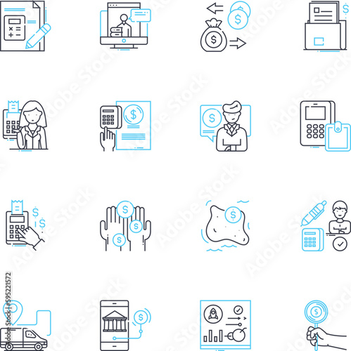 Corporate finance linear icons set. Assets, Balance sheet, Bonds, Budgeting, Capital, Cash flows, Credit line vector and concept signs. Debentures,Debt,Dividends outline illustrations