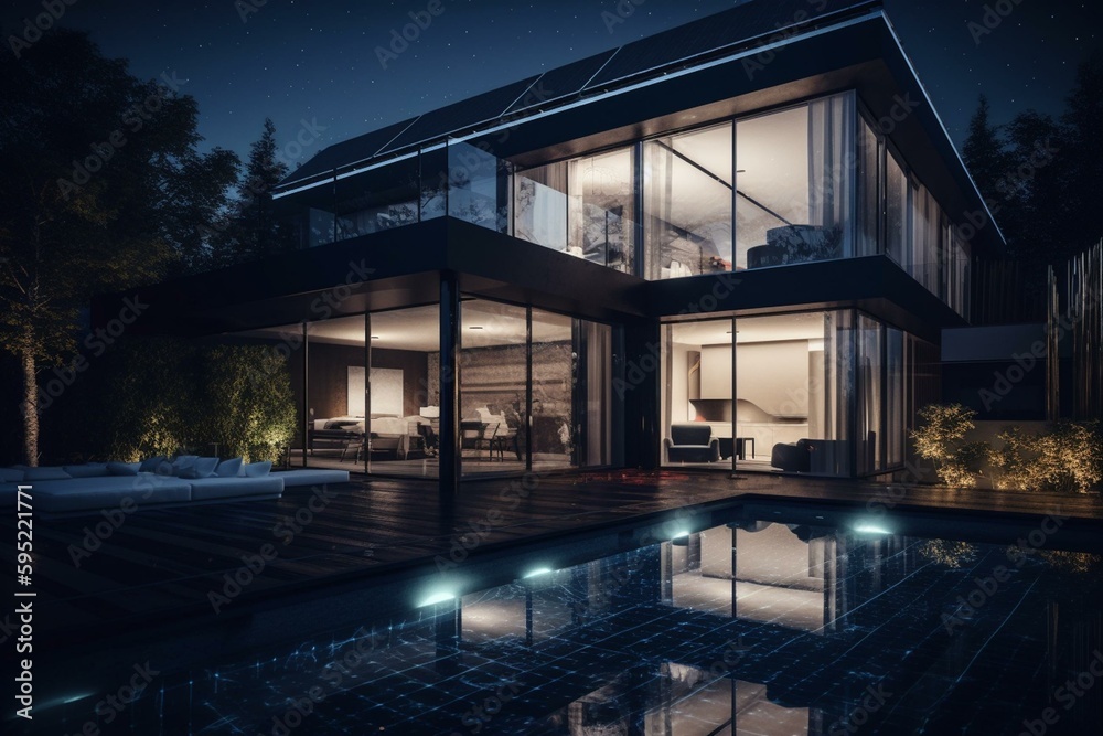 Contemporary residence with pool and solar panels illuminated in darkness. Generative AI