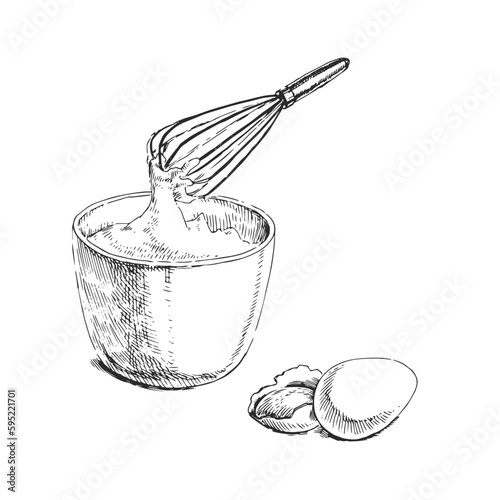 Vector hand-drawn illustration of beaten eggs in a bowl, isolated on a white background. The process of cooking in the style of a sketch.