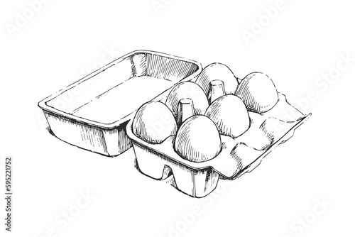 Vector hand-drawn vintage illustration of a cardboard box with six white eggs in the style of engraving. A sketch of a natural fresh product in a package.