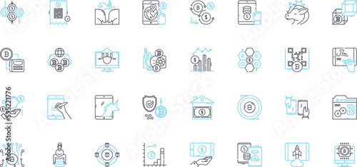 Financial innovation startup linear icons set. Fintech, Disruption, Cryptocurrency, Blockchain, Automation, Algorithm, Crowdfunding line vector and concept signs. Peer-to-peer,Mobile,Cloud outline