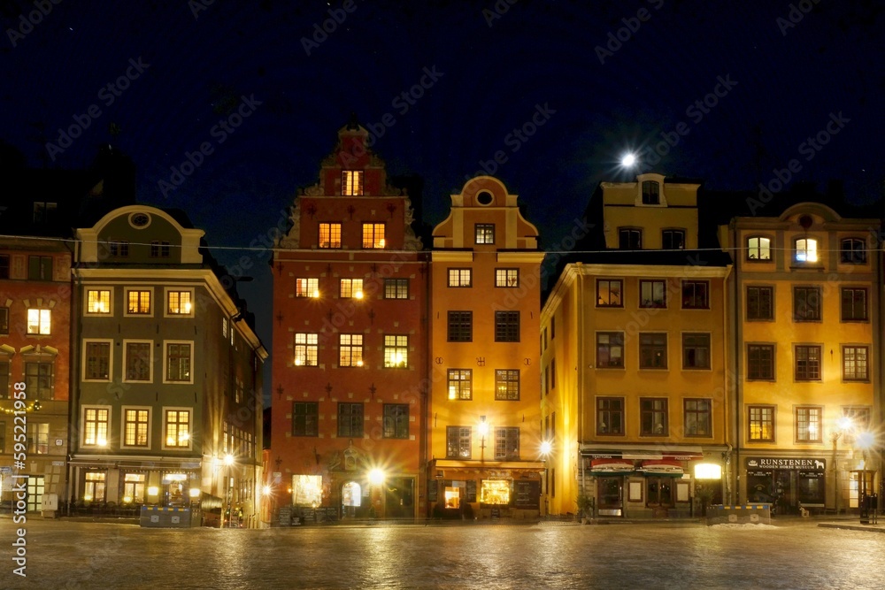Beautiful scenery of illuminated Stockholm by night. Stortorget square in the Old Town. Gamla Stan, Sweden