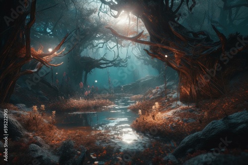 Abstract fantasy woods backdrop. Generative AI © Miriam