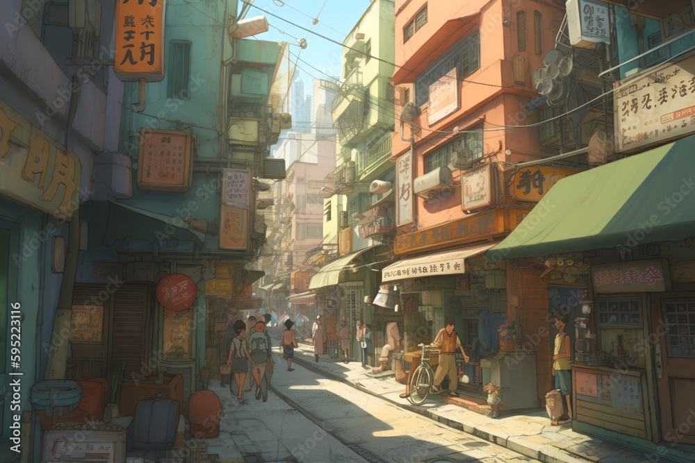Amidst the bustling cityscape, the vibrant energy of anime characters comes to life. background downtown street for anime, manga