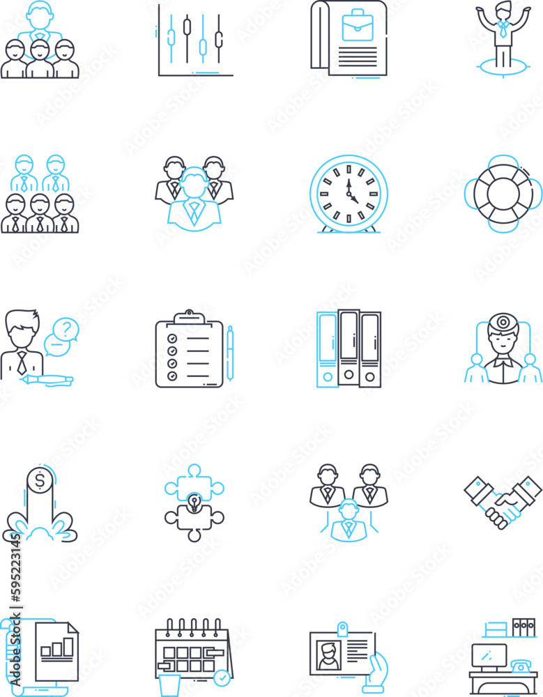 Administrative duty linear icons set. Management, Organization, Documentation, Coordination, Scheduling, Communication, Prioritization line vector and concept signs. Efficiency,Multitasking