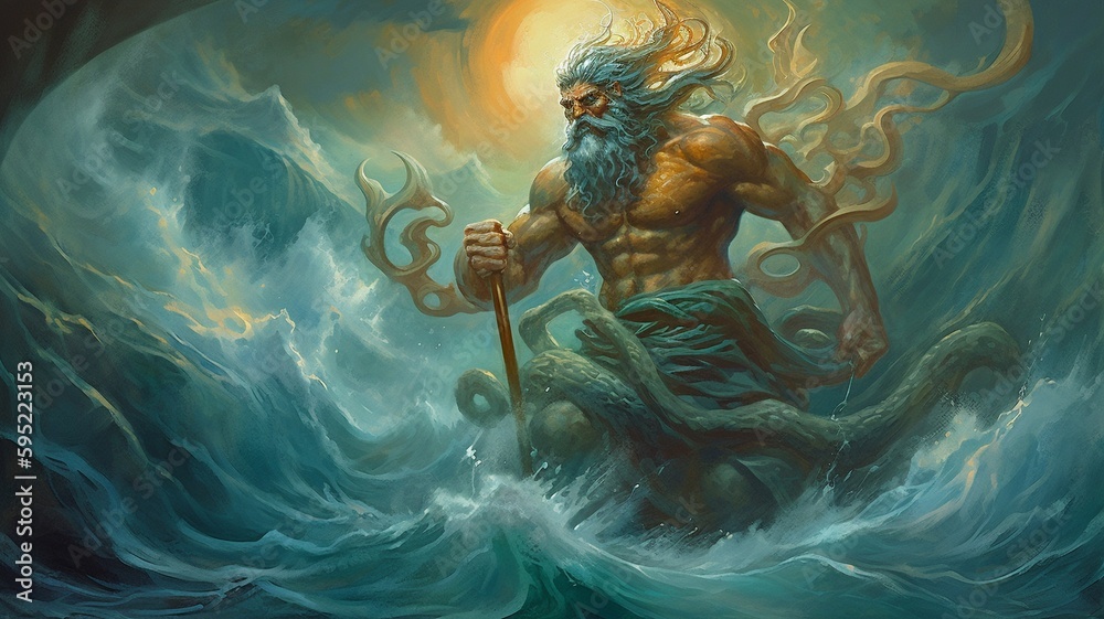 Painting of the deity Poseidon.  AI generator - obrazy, fototapety, plakaty 
