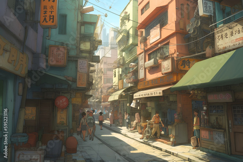 Amidst the bustling cityscape  the vibrant energy of anime characters comes to life. background downtown street for anime  manga