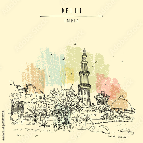 Vector Qutub Minar (Qutab Minar, Qutb Minar) hand drawn touristic postcard. New Delhi, India, Asia. Muslim heritage victory tower. Hand drawn cityscape sketch. Travel sketch art. Vintage artistic post