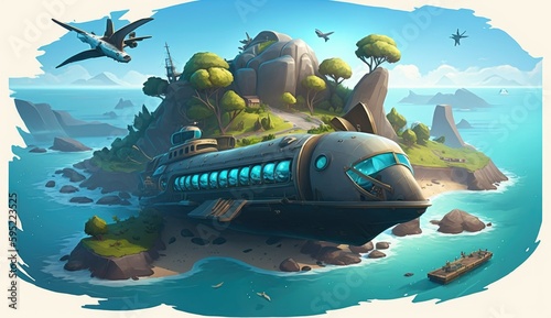 Submarine crashed on island