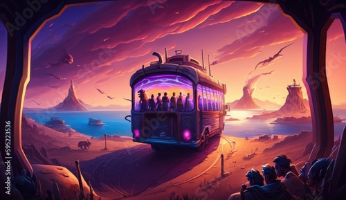 People riding a battle bus to a fantasy island