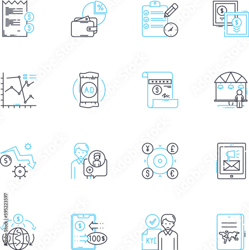 Price - Expense linear icons set. Cost, Budget, Investment, Outlay, Spending, Tariff, Bill line vector and concept signs. Expenditure,Charge,Price tag outline illustrations