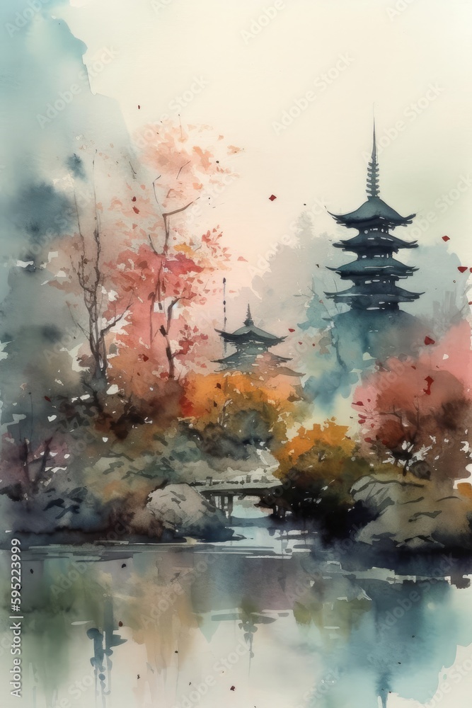 Watercolor print showcasing a Japanese style landscape featuring a serene lake and majestic mountains, stunning addition to home decor and design - generative ai